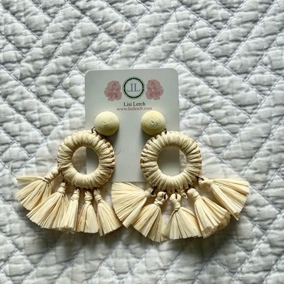 Lisi Lerch Cream Raffia Tassel Fringe Hoop Earrings| Natural Straw NWT - Picture 3 of 5